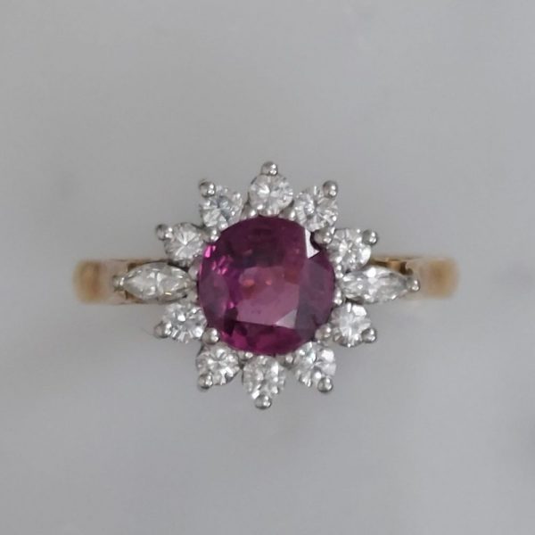 Vintage Ruby and Diamond Cluster Ring, 1ct