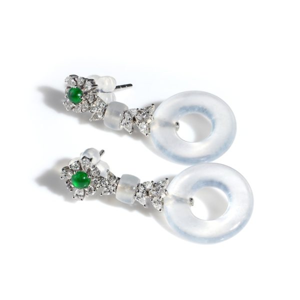 Untreated Grade A White Jade, Diamond and Emerald Drop Earrings