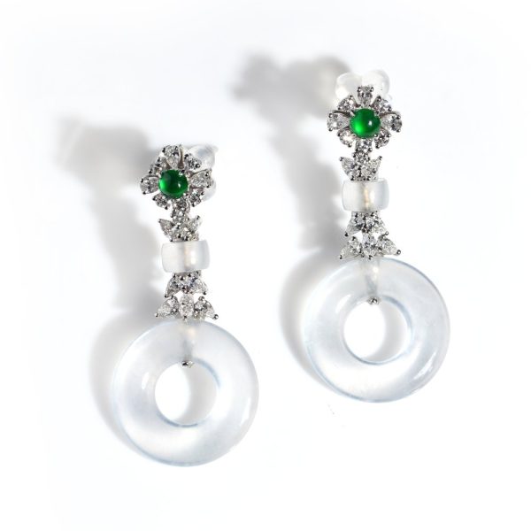 Untreated Grade A White Jadeite Jade, Diamond and Emerald Drop Earrings
