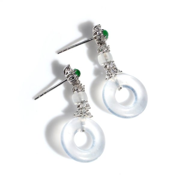 Diamond and Emerald Cluster and Untreated Grade A White Jadeite Jade Drop Earrings