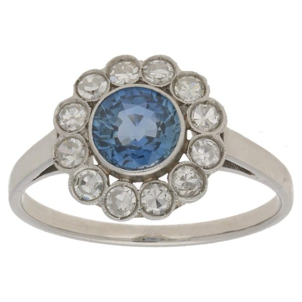 Art Deco 1.70ct Natural Unheated Sapphire and Diamond Coronet Cluster Engagement Ring in Platinum