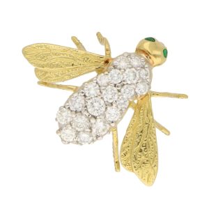 18ct Yellow Gold Fly Brooch with Diamond Body and Emerald Eyes