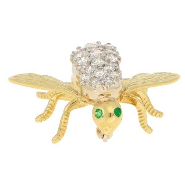 Gold Fly Brooch with Diamond Body and Emerald Eyes
