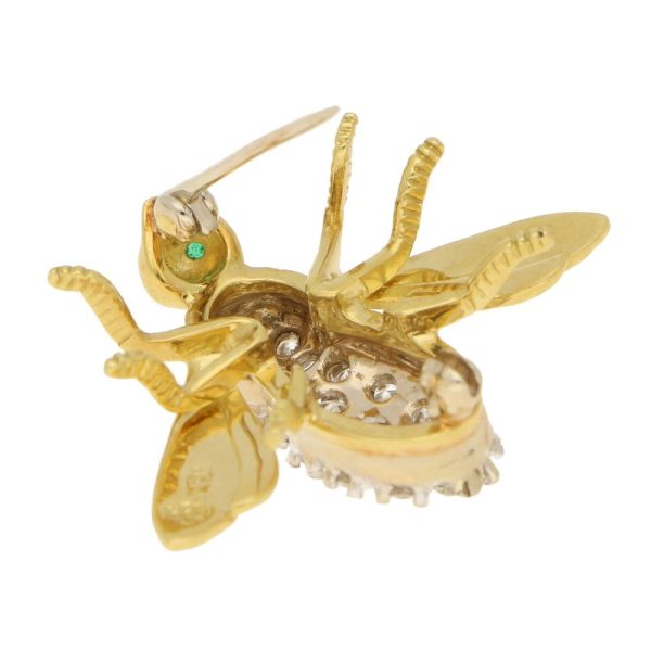 Vintage Diamond and Emerald Set Gold Fly Brooch