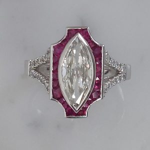 Certified 1.60ct Marquise Diamond and Calibre Ruby Tablet Cluster Ring