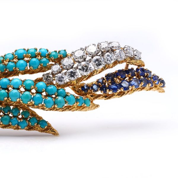 Vintage Kutchinsky Diamond Sapphire and Turquoise Leaf Brooch, 2.68 carats