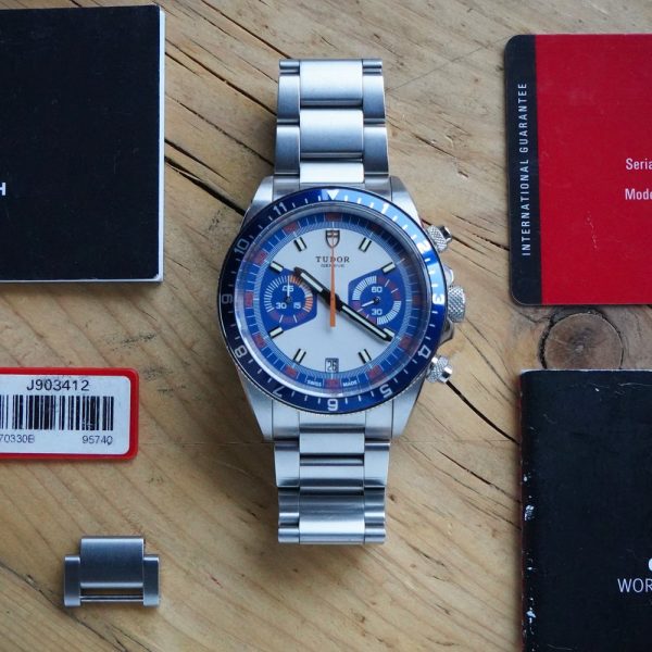 Tudor Heritage Chrono Blue Surfboard 2019 Watch with Papers, guarantee card, manual booklet, guarantee booklet, swing tag and extra link. Model: 70330B