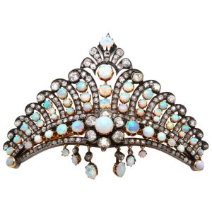 Victorian Antique Opal and Diamond Crown Tiara Haircomb Necklace