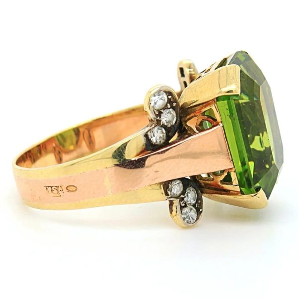 Vintage Emerald Cut Peridot and Single Cut Diamond Cocktail Dress Ring