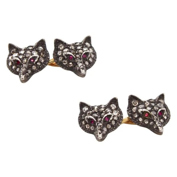 Pair of Victorian Antique Diamond Fox Cufflinks with Ruby Eyes