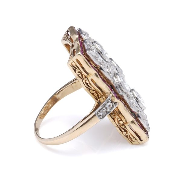 Art Deco Old European Cut and Rose Cut Diamond and Ruby Cluster Dress Ring, 2.16 carats