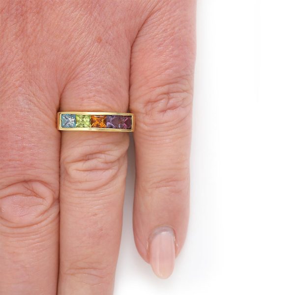 Princess Cut Multi Gemstone Rainbow Five Stone Ring with Blue Topaz Peridot Citrine Amethyst Garnet