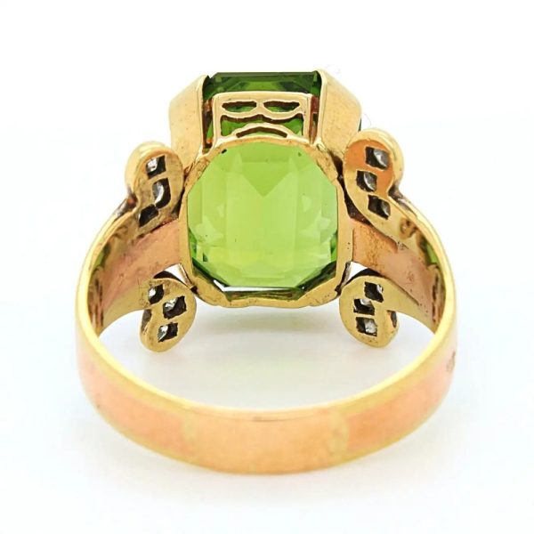Vintage Emerald Cut Peridot and Single Cut Diamond Statement Ring