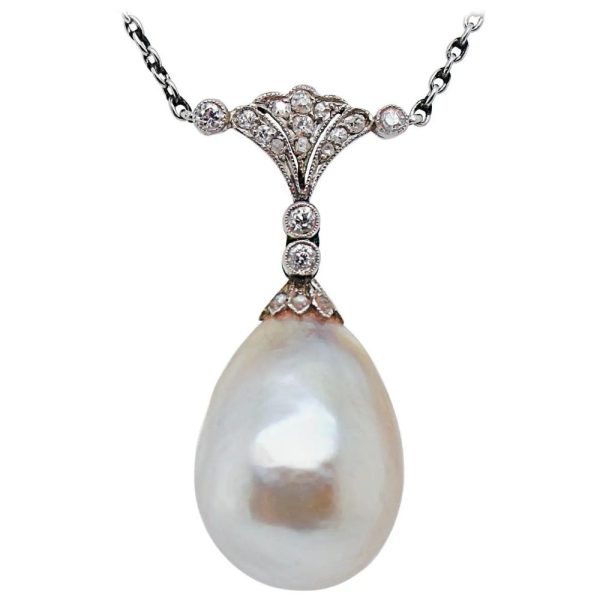 Edwardian Antique Natural Saltwater Pearl and Old Cut Diamond Pendant Necklace