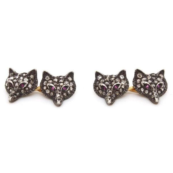 Pair of Victorian Antique Diamond Fox Cufflinks with Ruby Eyes