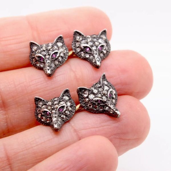 Pair of Antique Victorian Rose Cut Diamond Fox Cufflinks with Ruby Eyes