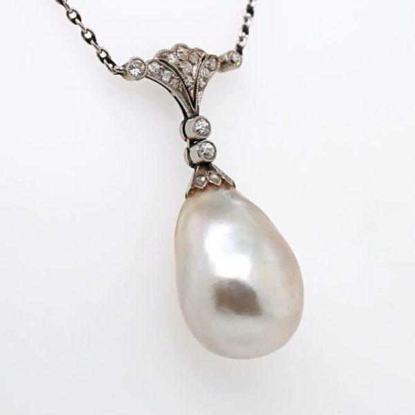 Edwardian Antique Natural Saltwater Pearl and Old Cut Diamond Pendant Necklace