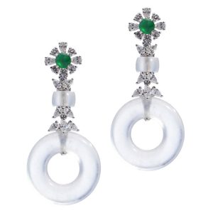 Grade A White Jade Earrings with Diamonds and Emeralds