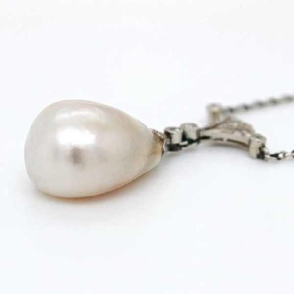 Edwardian Antique Large Natural Saltwater Pearl and Old Cut Diamond Pendant Necklace