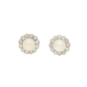 Vintage Pearl and Diamond Cluster Stud Earrings
