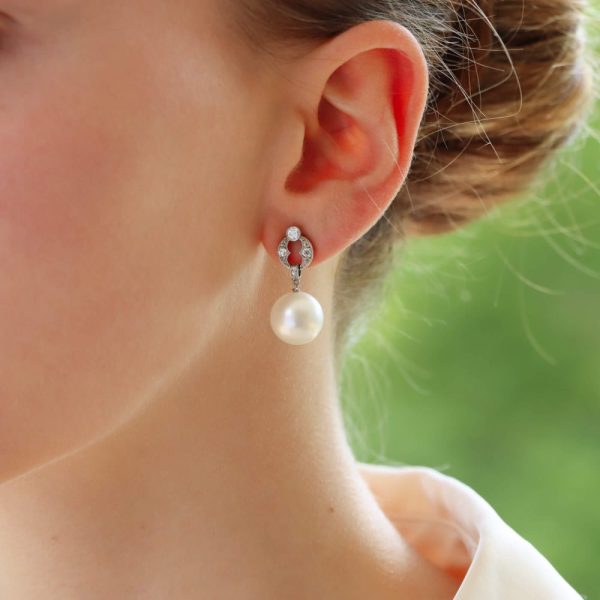 Art Deco Old Cut Diamond and South Sea Pearl Drop Earrings in Platinum