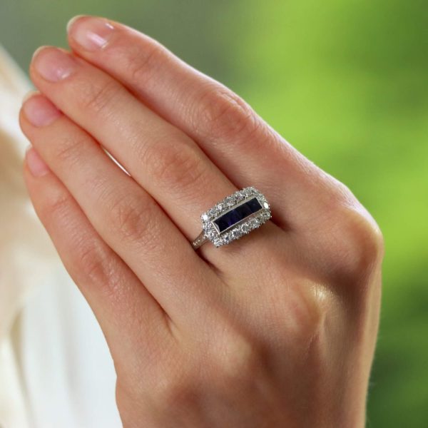 Princess Cut Sapphire and Diamond Cluster Panel Ring in Platinum