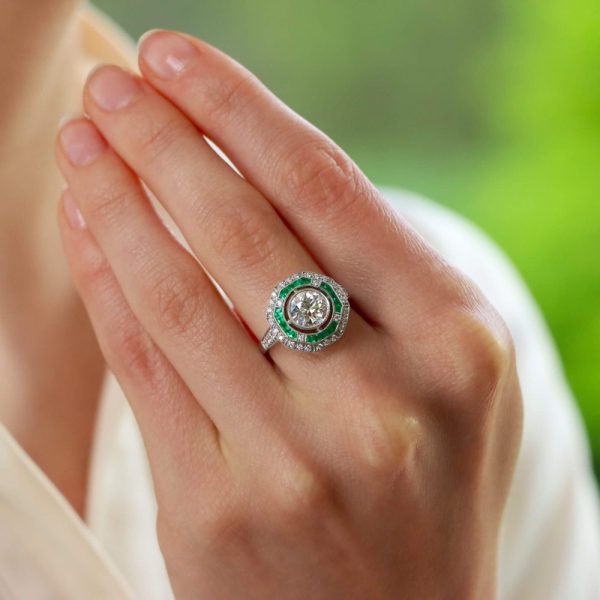 Art Deco Style 1.22ct Diamond and Emerald Double Target Cluster Ring in Platinum