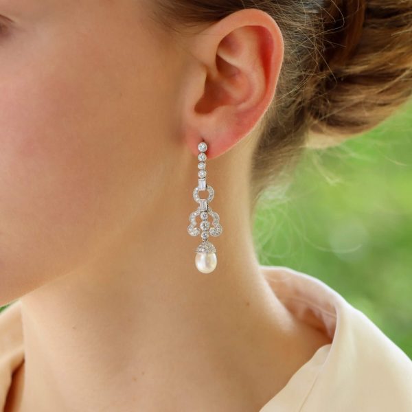 Art Deco Inspired Pearl and Diamond Drop Earrings