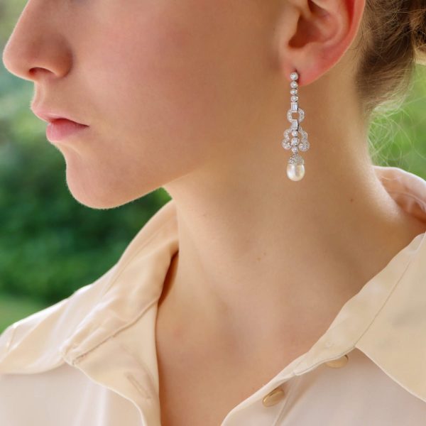 Art Deco Style Pearl and Diamond Drop Earrings