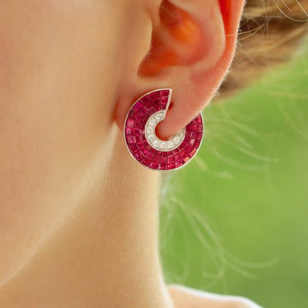 Art Deco Style Ruby and Diamond Swirl Half Hoop Earrings