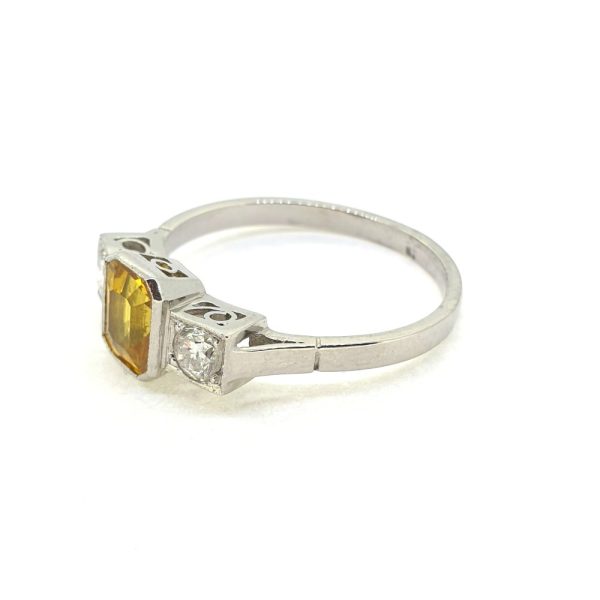 1.25ct Emerald Cut Yellow Sapphire and Diamond Three Stone Engagement Ring