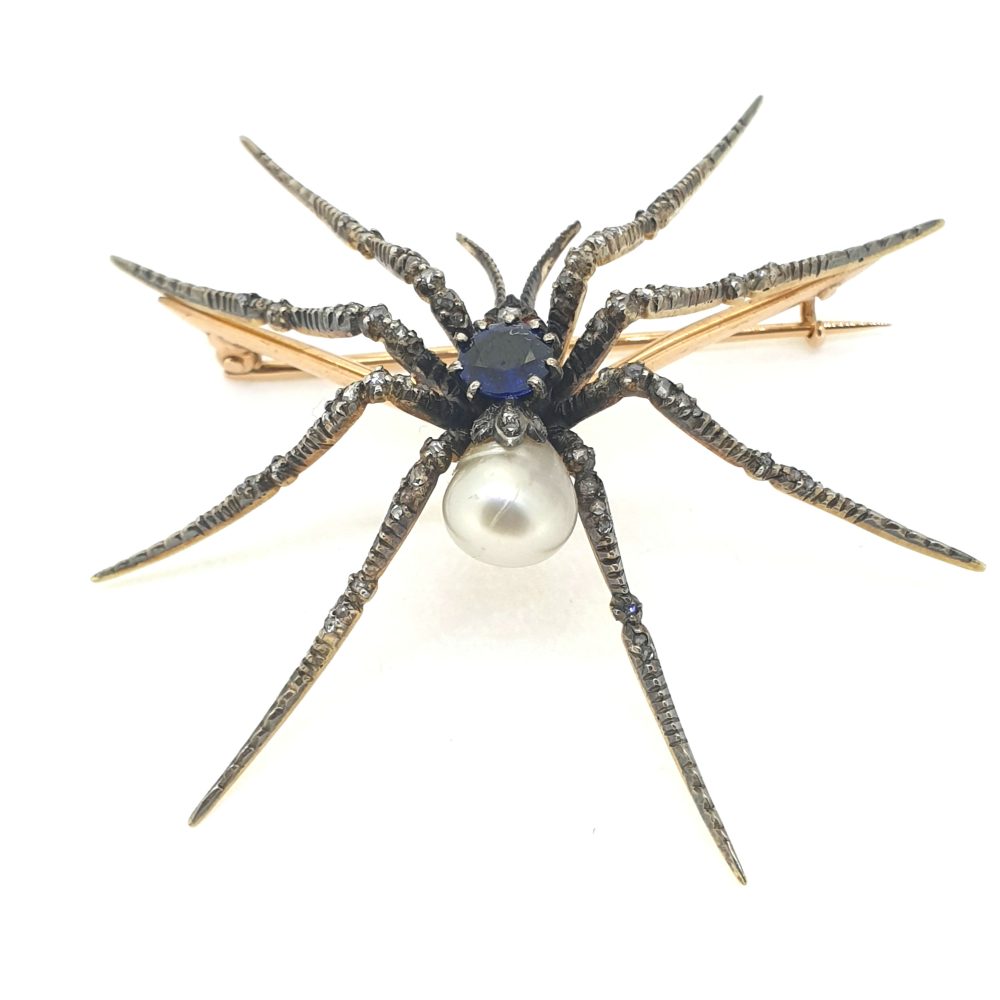 Antique Opal Diamond Ruby Pearl Gold Platinum Spider Brooch at