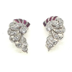 Art Deco Style Vintage Ruby and Diamond Clip On Earrings