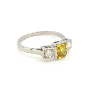 Yellow Sapphire and Diamond Three Stone Engagement Ring