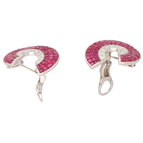 Art Deco Style Ruby and Diamond Swirl Earrings