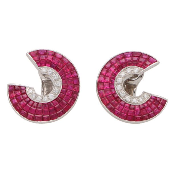 Art Deco Style Ruby and Diamond Swirl Half Hoop Earrings in Platinum