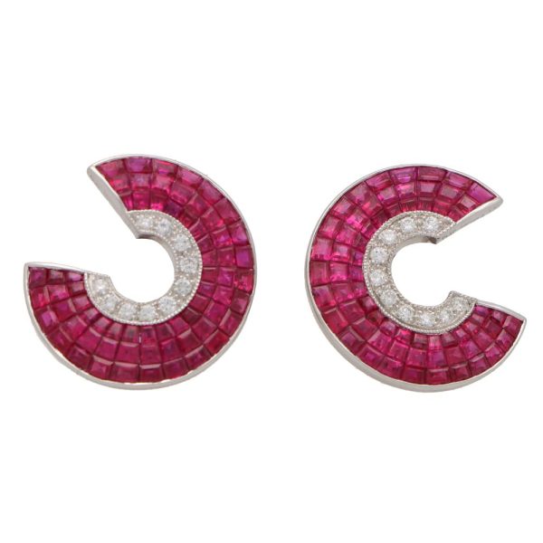 Art Deco Style Ruby and Diamond Swirl Earrings