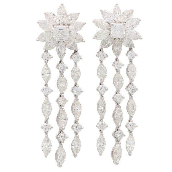 Asscher and Marquise Cut Floral Cluster Diamond Drop Earrings 11 carats