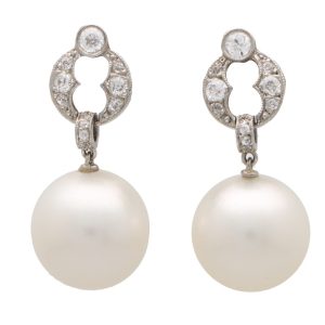 Art Deco South Sea Pearl and Old Cut Diamond Drop Earrings