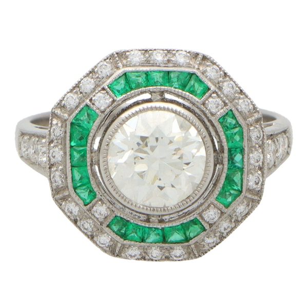 Art Deco Inspired 1.22ct Diamond and Emerald Double Target Cluster Ring in Platinum