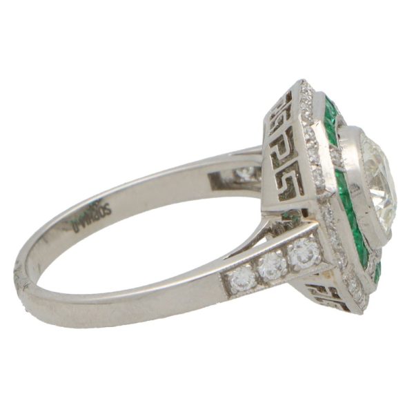 Art Deco Style Diamond and Emerald Double Target Cluster Ring in Platinum