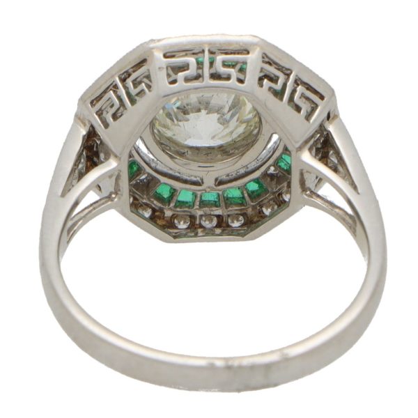 Art Deco Style Diamond and Emerald Double Target Cluster Ring