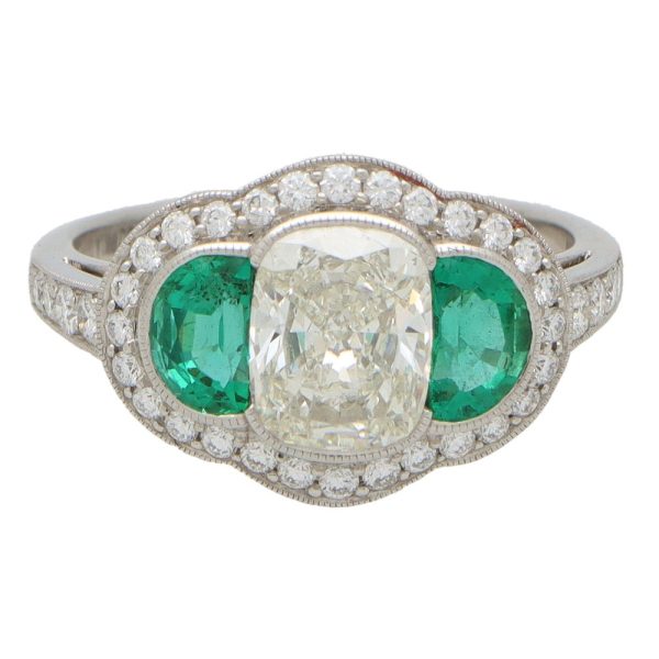 1.60ct Oval Diamond and Half Moon Emerald Cluster Engagement Ring in Platinum