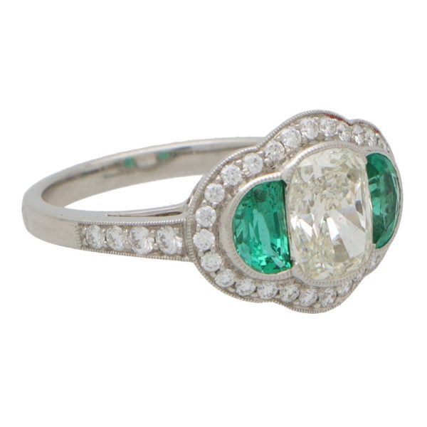 1.6ct Oval Diamond and Emerald Trilogy Halo Cluster Ring in Platinum