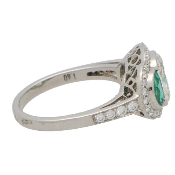 1.6ct Oval Diamond and Emerald Three Stone Halo Cluster Ring in Platinum