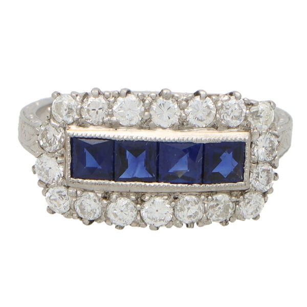 Princess Cut Sapphire and Diamond Cluster Panel Ring