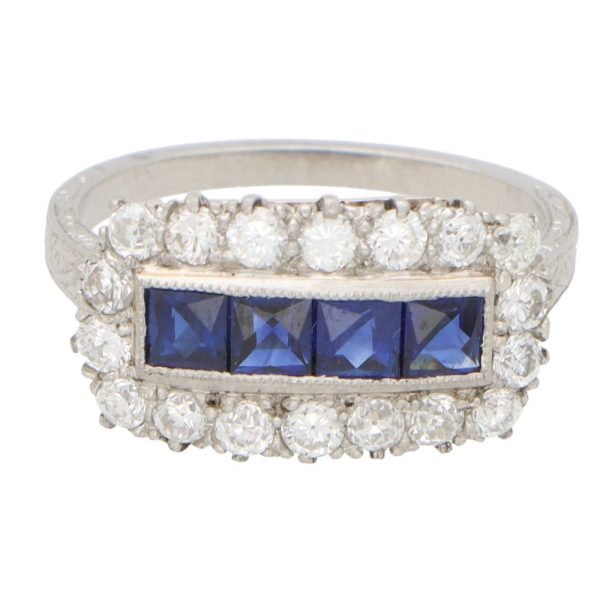 Princess Cut Sapphire and Diamond Cluster Panel Cocktail Ring in Platinum