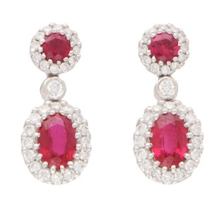Vintage Ruby and Diamond Double Cluster Drop Earrings