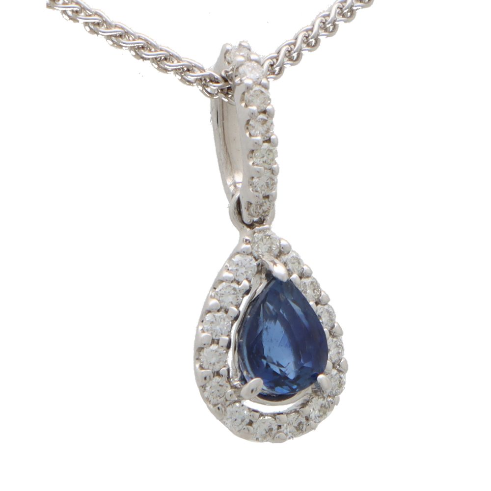 Pear Cut Sapphire and Diamond Pendant Necklace