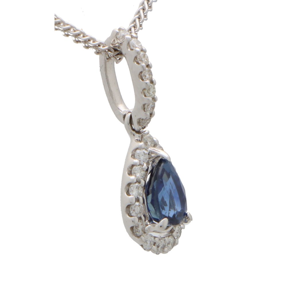 Pear Cut Sapphire and Diamond Pendant Necklace